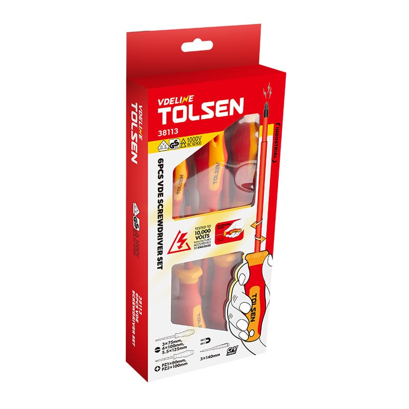 Retail box packaging of Tolsen 38113 6-piece VDE insulated screwdriver set including voltage tester pen.
