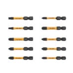 Flat lay of 10 TOLSEN 50mm impact bits showing the yellow torsion zone and black phosphate finish, including Phillips, Pozi, and Torx sizes.