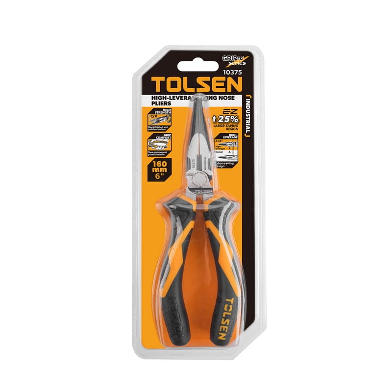 TOLSEN 6-inch High-Leverage Long Nose Pliers in GripPro series blister packaging, highlighting the CrV material and EZ 25% labor-saving design.