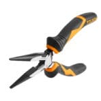 Angled perspective of the TOLSEN 6-inch long nose pliers with jaws fully open, displaying the long tapered nose and comfortable handle design.