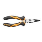 Flat side view of the closed TOLSEN 6-inch High-Leverage Long Nose Pliers, showcasing the two-component black and orange ergonomic grips.