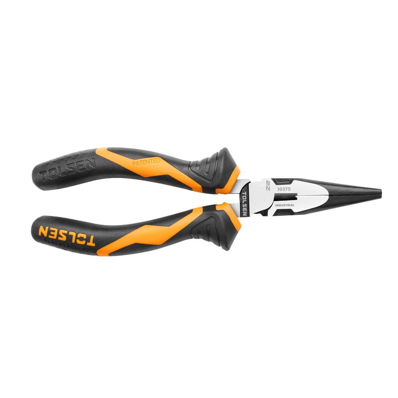 Flat side view of the closed TOLSEN 6-inch High-Leverage Long Nose Pliers, showcasing the two-component black and orange ergonomic grips.