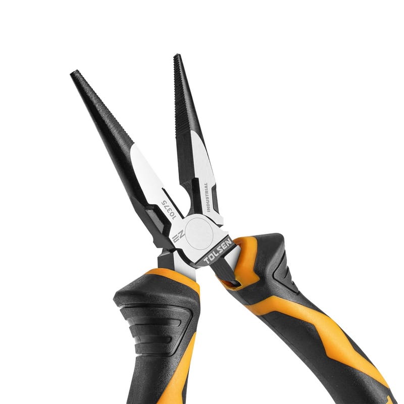 Close-up detail of the open jaws on the TOLSEN industrial long nose pliers, showing the precision serrated tips and internal wire cutter.