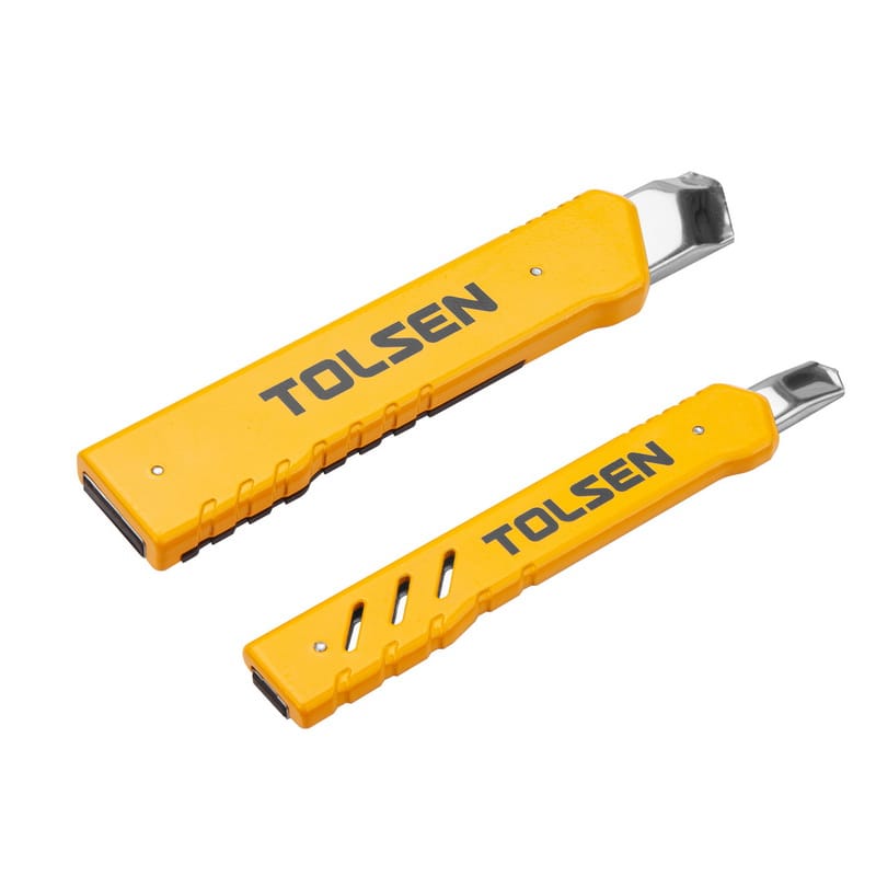 Back view of Tolsen large and small snap-off utility knives featuring durable yellow aluminum alloy bodies and ergonomic grip.