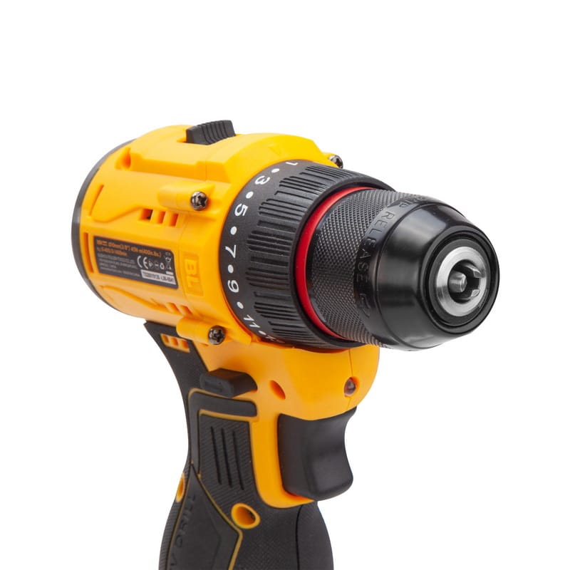 Close-up of the keyless chuck and 19+1 adjustable torque clutch ring on TOLSEN 16V cordless drill.