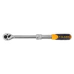 Front angled view of the TOLSEN extendable ratchet handle showing the square drive head, locking collar, and ergonomic rubber grip in the retracted state.