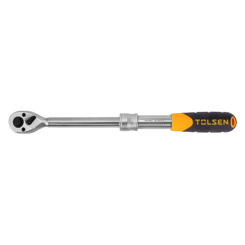 Front angled view of the TOLSEN extendable ratchet handle showing the square drive head, locking collar, and ergonomic rubber grip in the retracted state.