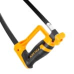 Close-up detail of the TOLSEN hacksaw's two-component ergonomic plastic handle and the yellow blade tension adjustment knob.