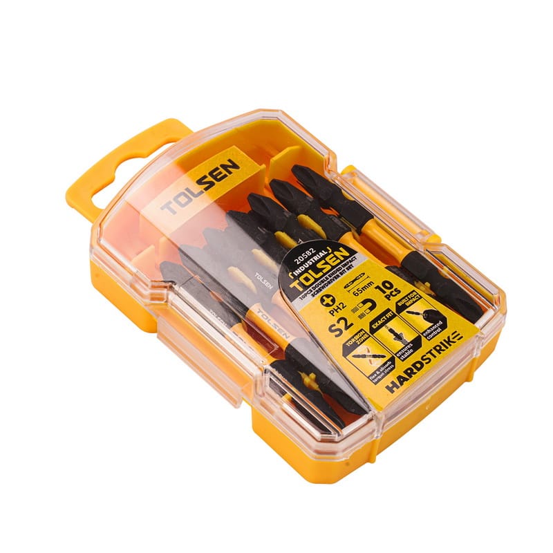 TOLSEN HardStrike 10pcs double ended impact screwdriver bit set model 20582 in a protective plastic storage case, showing PH2 65mm specifications.