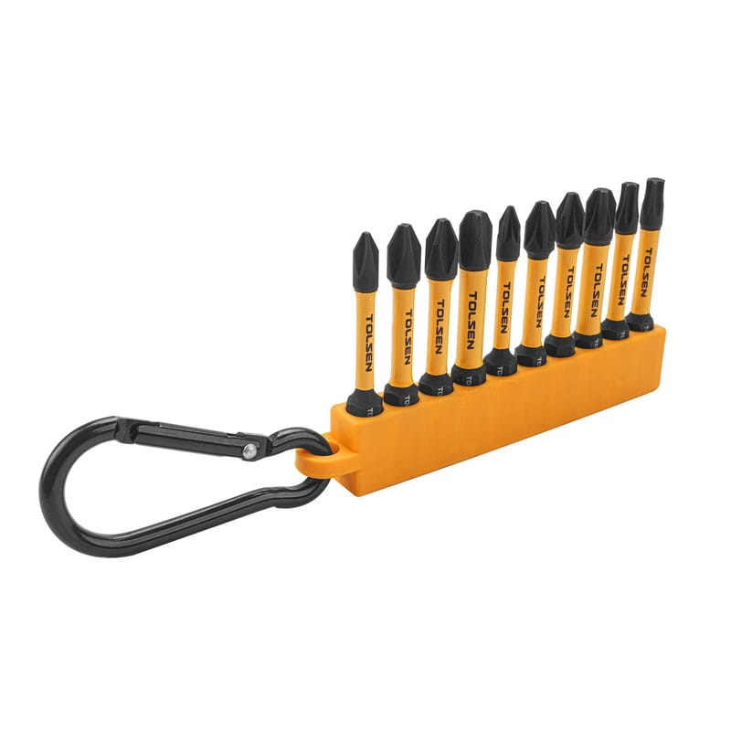 TOLSEN impact driver bits stored in a portable orange rail holder with a black carabiner clip for easy belt or bag attachment.