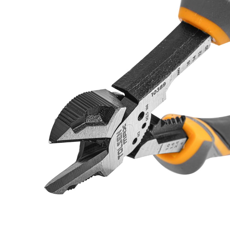 Detailed view of the textured gripping tip and sharp cutting edge on the TOLSEN MAX Series Multi-Function Diagonal Cutting Pliers.