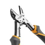 Close-up of TOLSEN MAX Series 8-inch Multi-Function Diagonal Pliers head showing wire stripping holes, screw cutters, and internal spring.