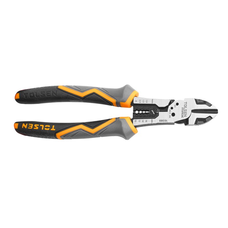Full profile view of TOLSEN MAX Series 8-inch Multi-Function Diagonal Cutting Pliers featuring two-tone ergonomic grips.