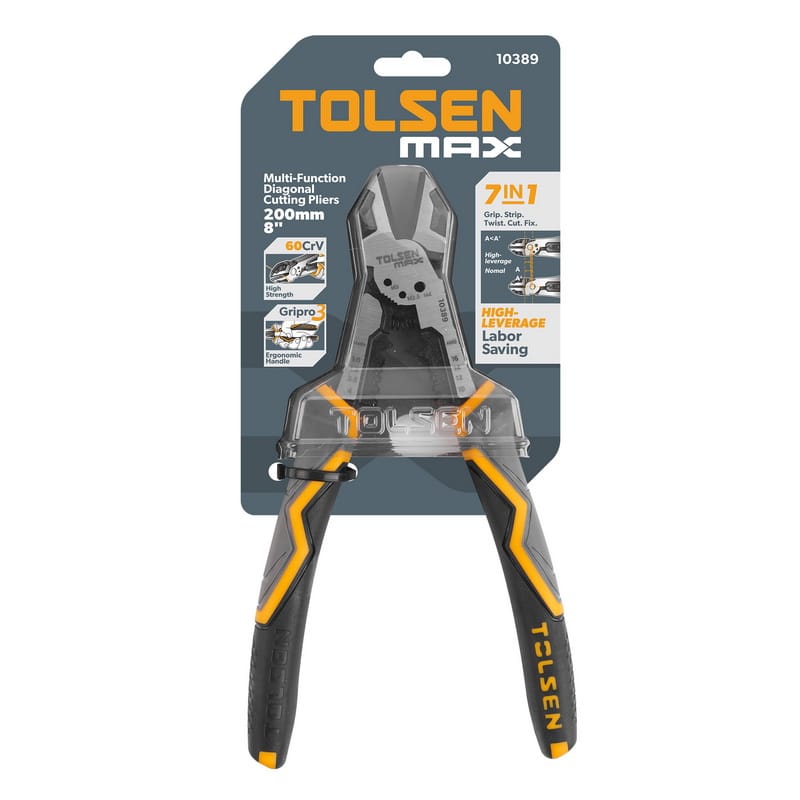 TOLSEN MAX Series 8-inch Multi-Function Diagonal Cutting Pliers in retail packaging highlighting 7-in-1 features.