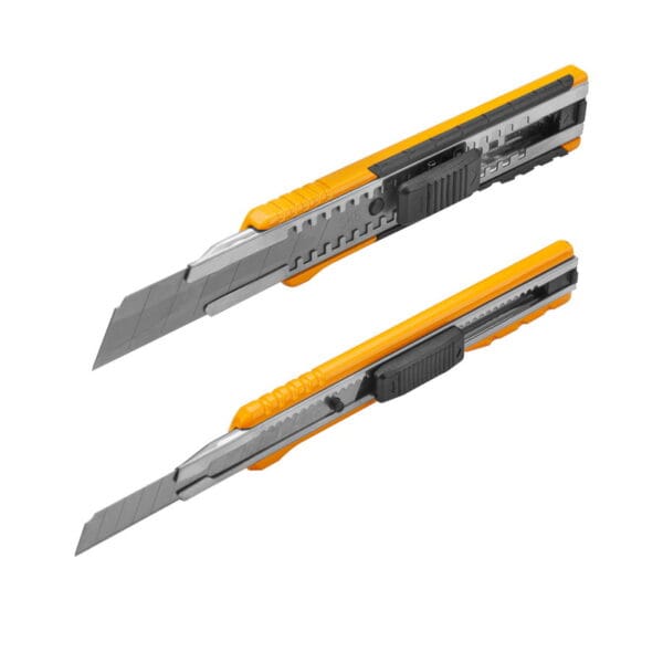 Side view of Tolsen retractable snap-off knives showing the automatic locking slider mechanism and sharp SK5 blades extended.
