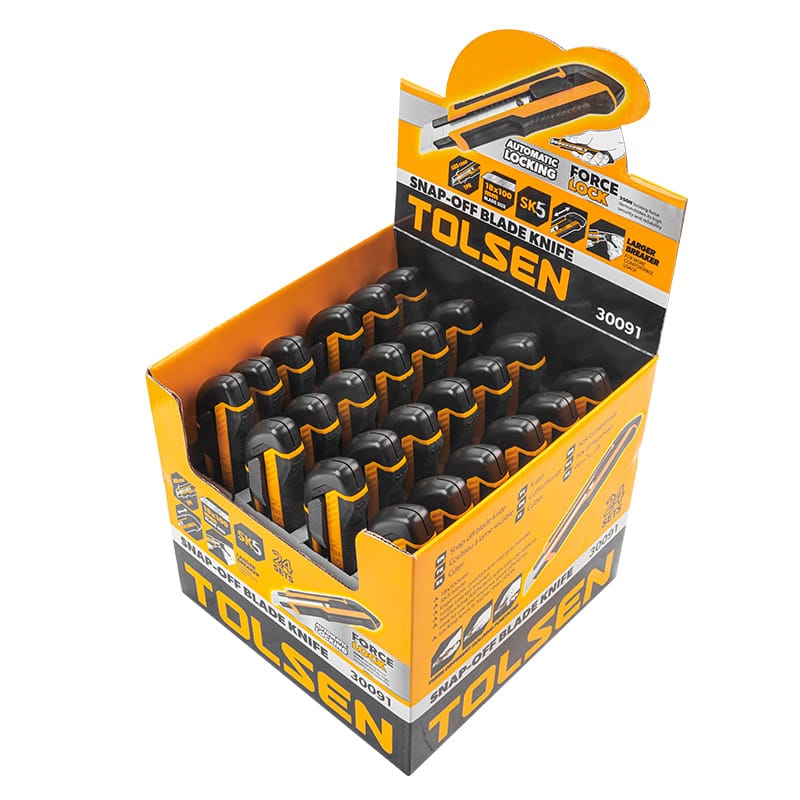 Retail display box containing 24 sets of Tolsen 30091 snap-off blade knives with yellow and black branding.