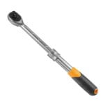 Angled profile of the TOLSEN telescoping ratchet wrench in its fully extended position, demonstrating the grooved extension shaft for extra reach and leverage.