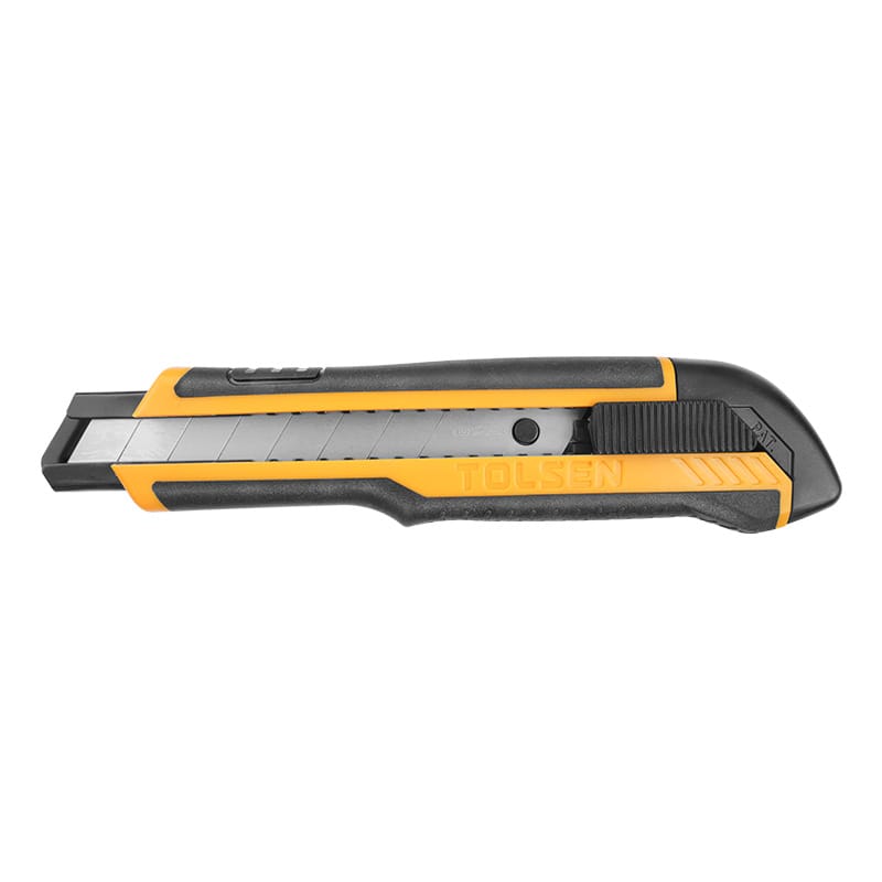 Side profile view of Tolsen snap-off blade knife featuring an ergonomic yellow and black ABS handle with rubber grip.