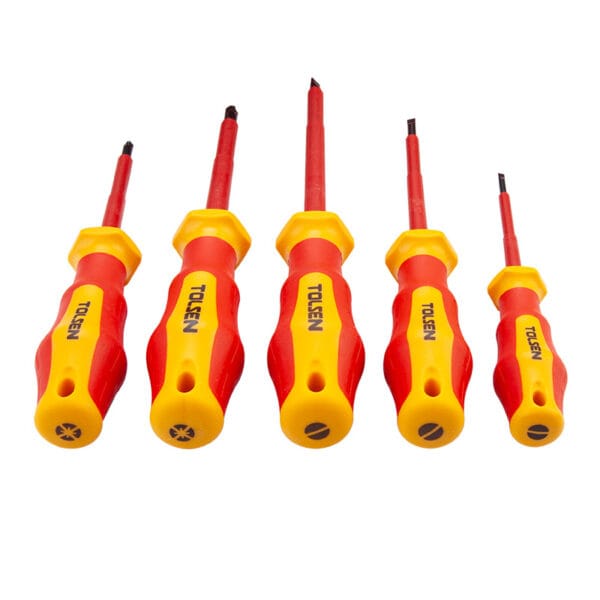 Set of five Tolsen VDE insulated screwdrivers (Slotted and Phillips) with ergonomic red and yellow safety handles.