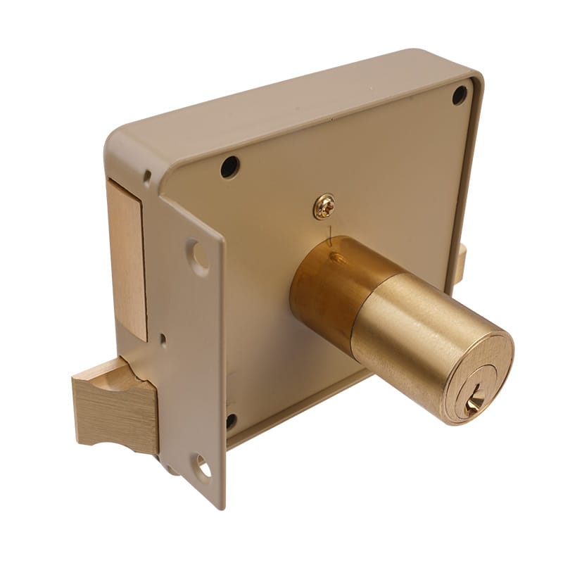 Rear view of the Tolsen rim lock body showing the mounting side and brass cylinder extension.