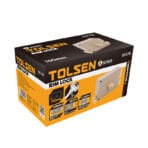 Packaging box for Tolsen Rim Lock model 55176, highlighting 100mm size, brass cylinder, and durable iron steel shell.