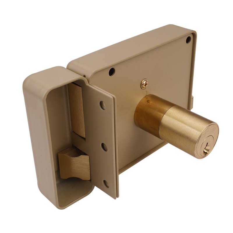 Rear view of Tolsen rim lock body aligned with the matching metal strike box keeper.