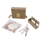 Complete kit contents for Tolsen Rim Lock including lock body, strike box, three keys, mounting screws, and fittings.