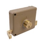 Front view of Tolsen surface-mounted rim lock featuring a brass cylinder, latch, and beige powder-coated finish.