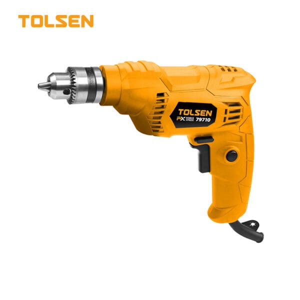 Tolsen 4.2A Electric Drill, model 79710 from the FX Force Xpress series, featuring a yellow body and keyed chuck.