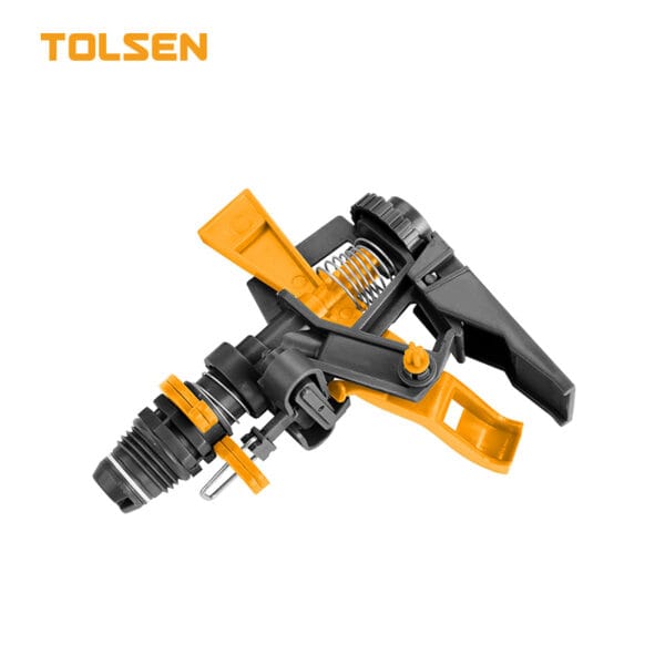 Tolsen Impulse Sprinkler featuring a durable black and yellow plastic body with adjustable spray mechanism.