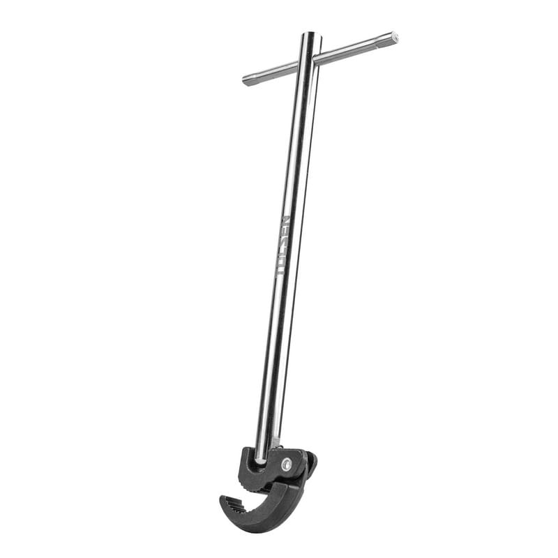 Full angled view of the TOLSEN 12-inch Basin Wrench, showing the long chrome-plated shaft, sliding T-bar handle, and black swivel jaw.