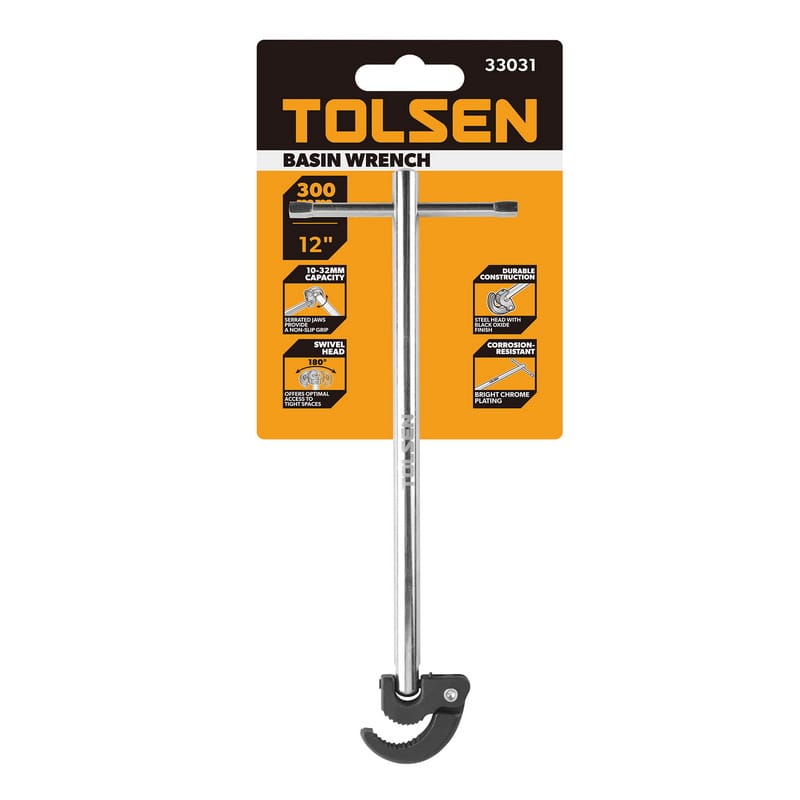 TOLSEN 12-inch Basin Wrench displayed in retail packaging, highlighting features like a 180-degree swivel head and 10-32mm jaw capacity.