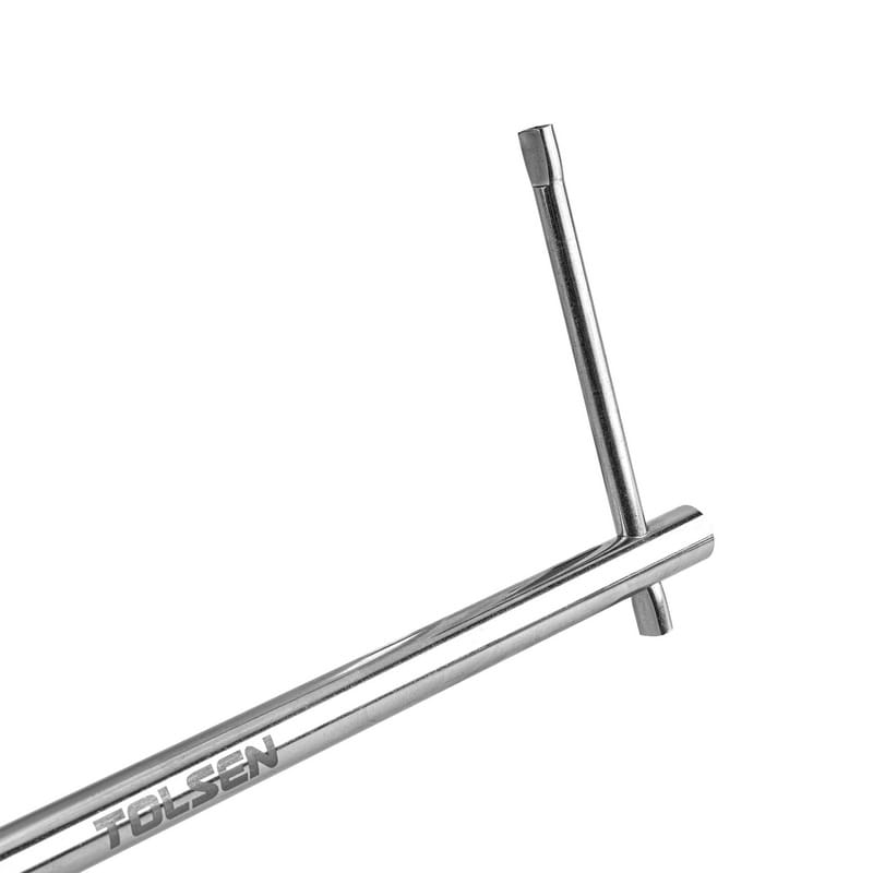 Close-up detail of the sliding T-bar handle and engraved TOLSEN logo on the chrome shaft of the basin wrench.
