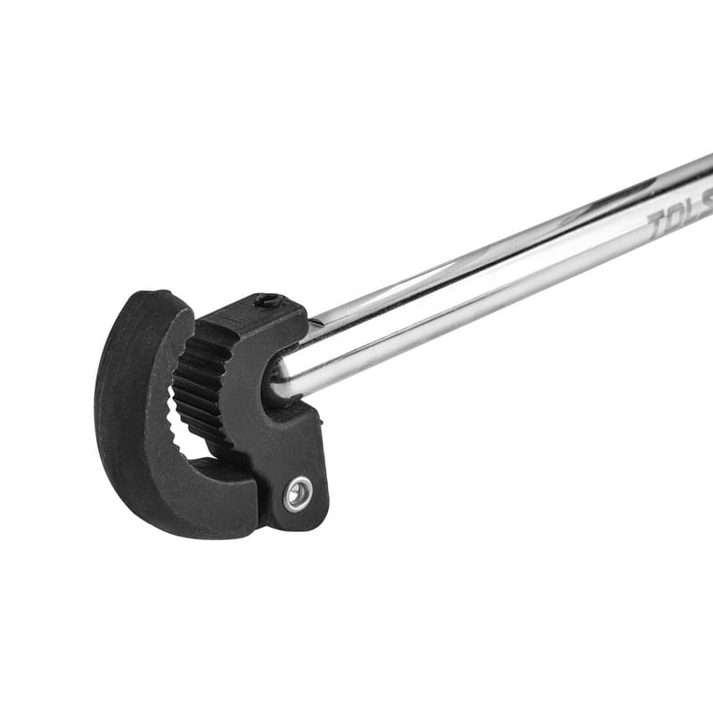 Close-up view of the black oxide serrated swivel jaw on the TOLSEN 12-inch Basin Wrench, designed for a non-slip grip on pipe fittings.