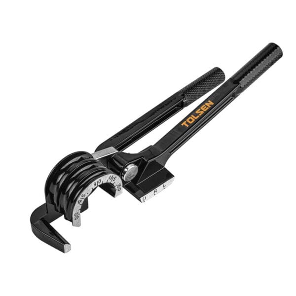 Angled full view of the black TOLSEN 3-in-1 manual tube bender, showing the marked degree scale and knurled handles for a secure grip.