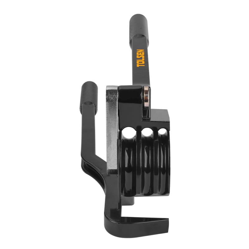 Front profile view of the TOLSEN 3-in-1 tube bender head, highlighting the three distinct grooves designed to bend different pipe diameters without crushing.