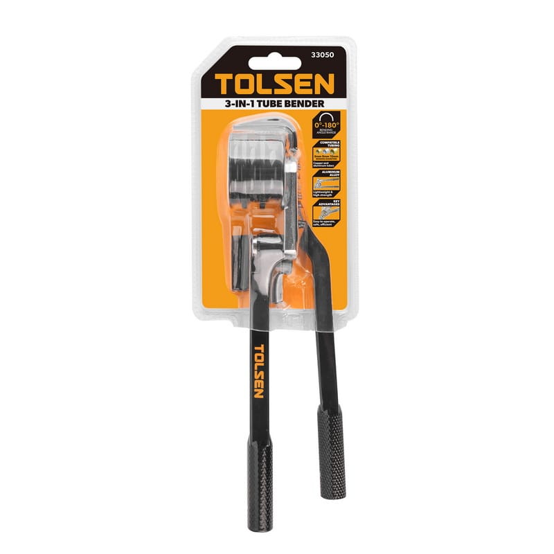 TOLSEN 3-in-1 Tube Bender in retail blister packaging, indicating compatibility with 6mm, 8mm, and 10mm copper and aluminum tubing.