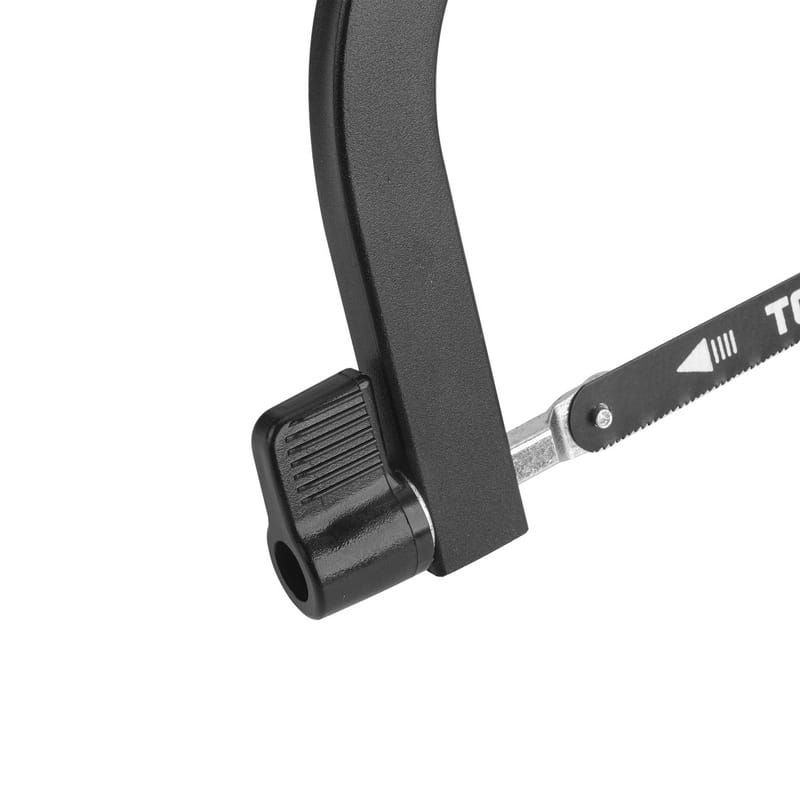 Close-up detail of the front blade attachment point and adjustment knob on the TOLSEN hand saw frame.