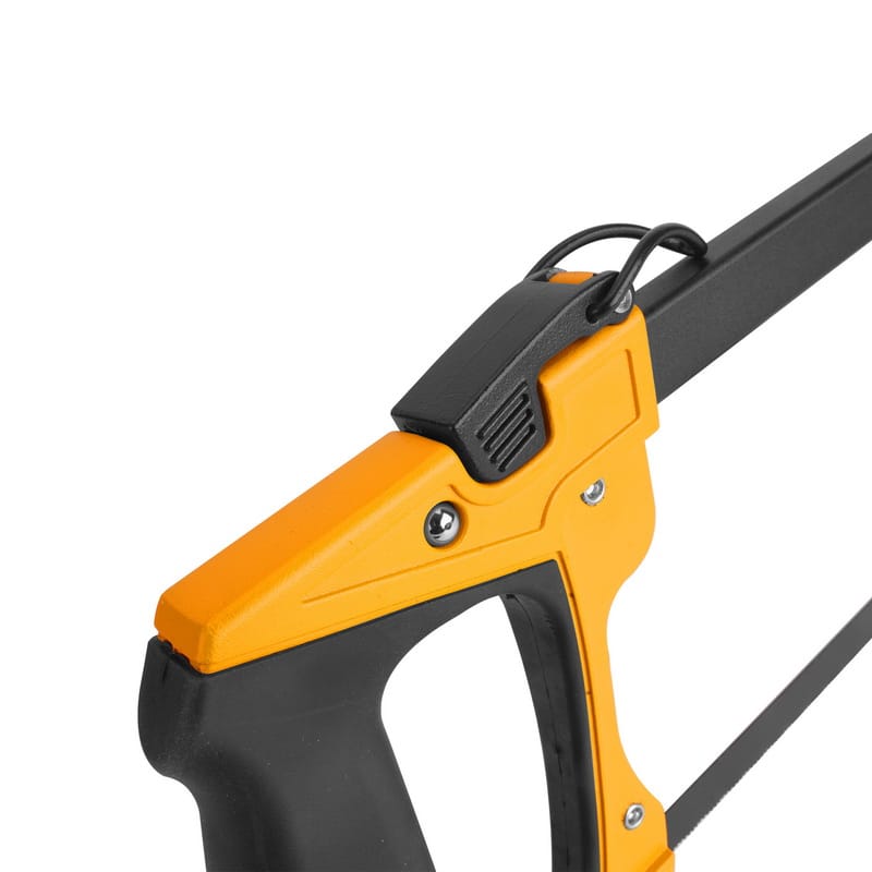 Close-up view of the top quick-release tension lever mechanism on the ergonomic handle of the TOLSEN saw.