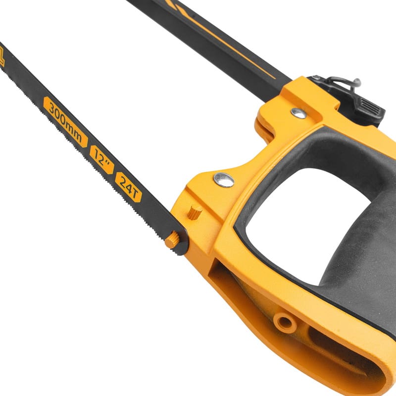 Close-up detail of the lower handle blade mounting pins holding a hacksaw blade on the TOLSEN 4-in-1 Hand Saw frame.