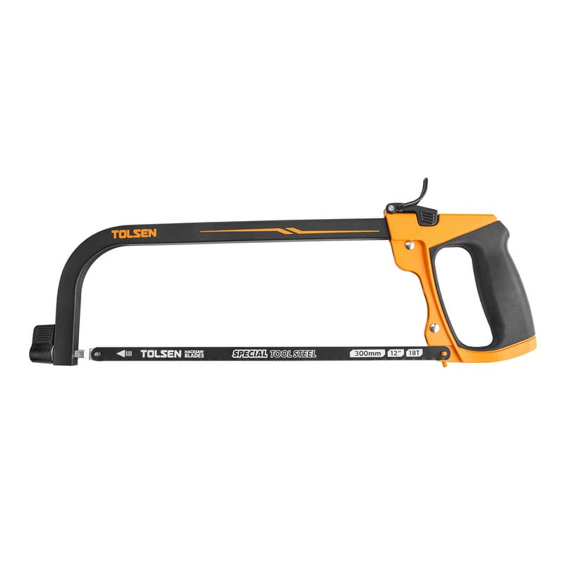 TOLSEN 4-in-1 Hand Saw frame showing the top quick-release lever in the open position for easy blade changing.