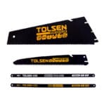 The four interchangeable blades included in the TOLSEN 4-in-1 Hand Saw Set: a large hand saw blade, a pruning saw blade, and two hacksaw blades.