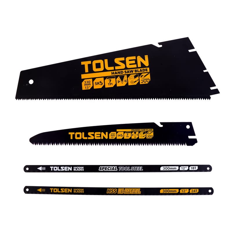 The four interchangeable blades included in the TOLSEN 4-in-1 Hand Saw Set: a large hand saw blade, a pruning saw blade, and two hacksaw blades.