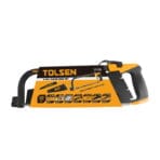 TOLSEN 4-in-1 Hand Saw Set in retail packaging, displaying the saw frame and four interchangeable blades with their specifications.