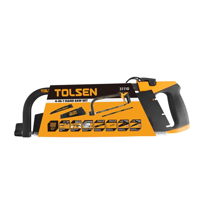 TOLSEN 4-in-1 Hand Saw Set in retail packaging, displaying the saw frame and four interchangeable blades with their specifications.