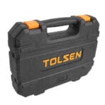 Closed black blow-molded hard storage case for the TOLSEN 47-piece home tool kit, featuring orange latches and embossed logo.