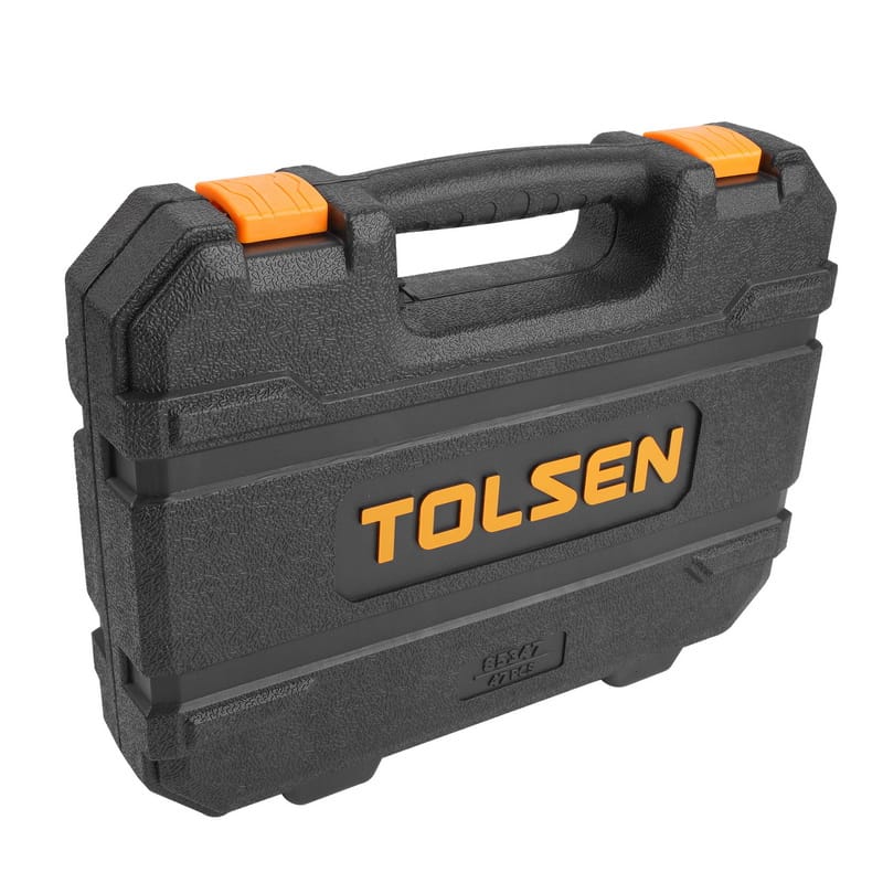 Closed black blow-molded hard storage case for the TOLSEN 47-piece home tool kit, featuring orange latches and embossed logo.