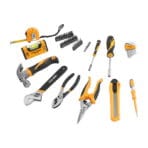 Complete layout of all 47 pieces in the TOLSEN household tool set, including a hammer, pliers, wrench, screwdrivers, and measuring tape.