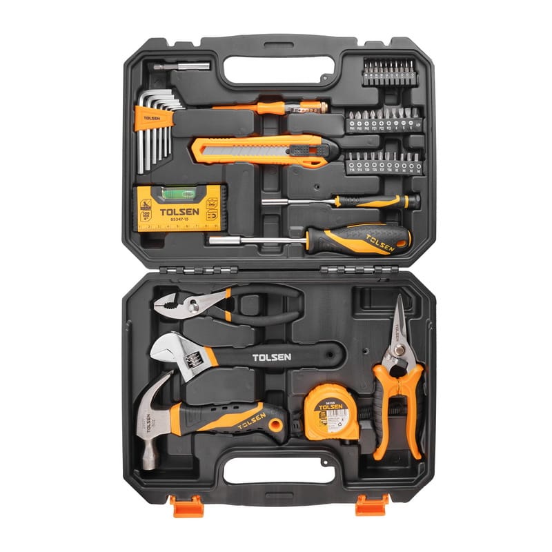 Fully open view of the TOLSEN 47-piece household tools set, demonstrating how all items are neatly organized and secured inside the case.