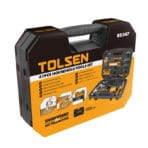 TOLSEN 47-piece household tools set in a black storage case with a descriptive retail cardboard sleeve showing usage applications.